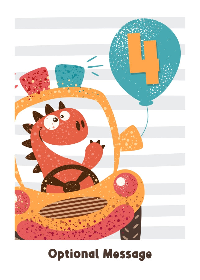 4th Birthday Card for Boys - Happy Dinosaur in Car with Balloon