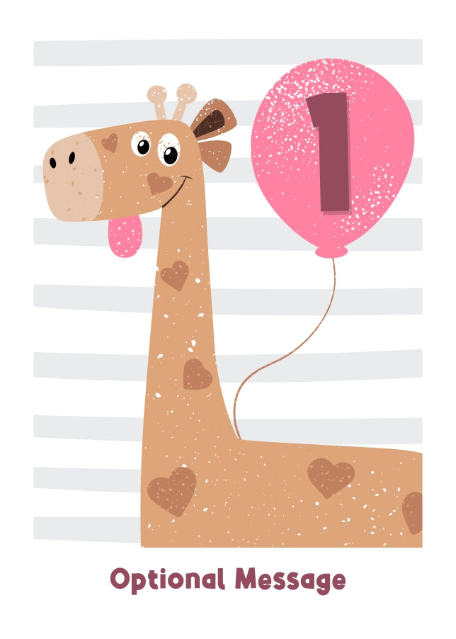 1st Birthday Card for Girls - Happy Giraffe with Balloon