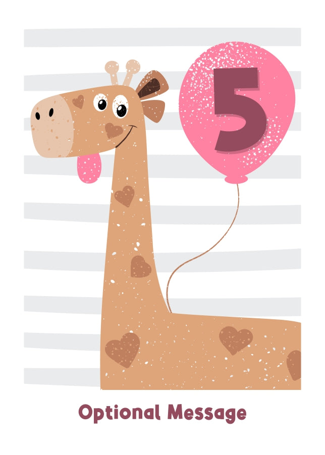 5th Birthday Card for Girls - Happy Giraffe with Balloon
