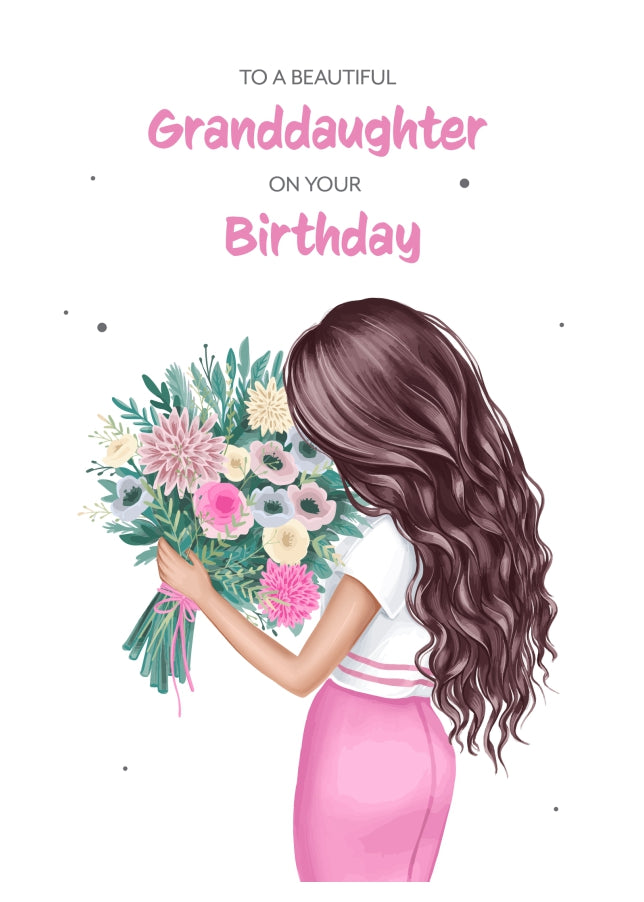 Granddaughter Birthday Card for Women - Beautiful Brunette Granddaughter with Flowers