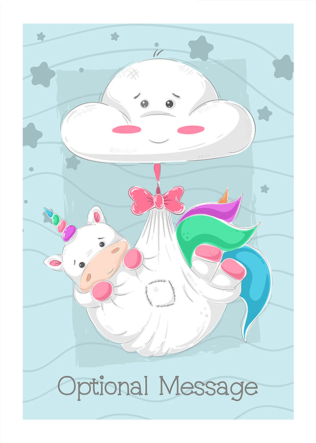 Personalised New Baby or Birthday Card - Cute Unicorn Baby Delivery