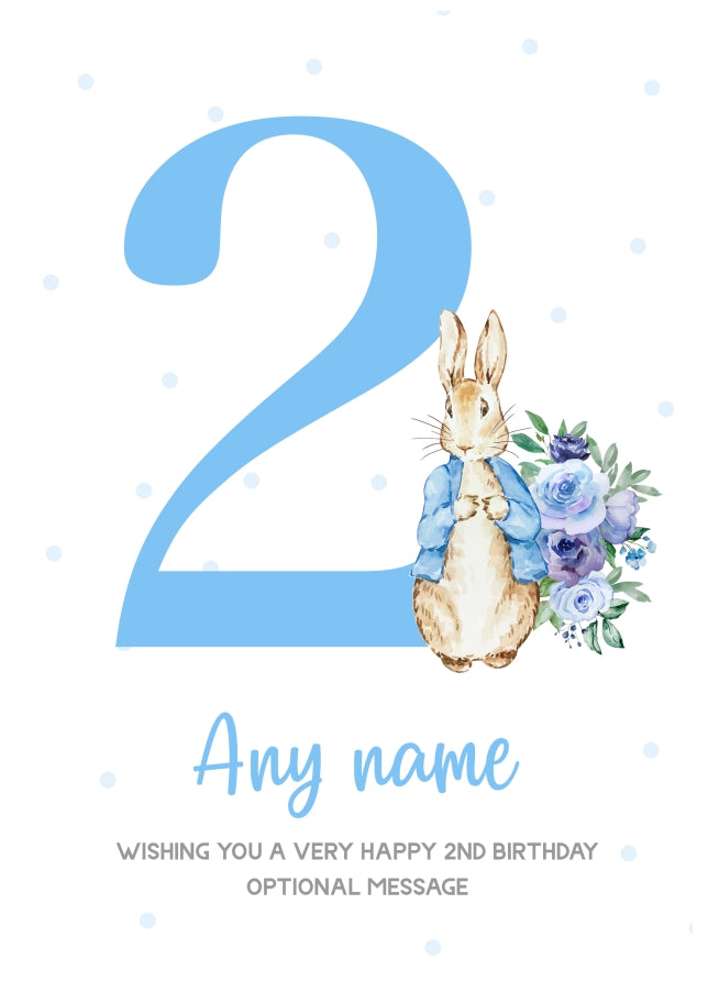 Cute 2nd Birthday Card - Blue Bunny Rabbit - Age 2