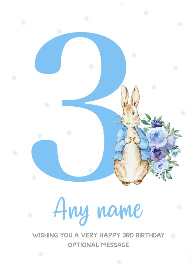 Cute 3rd Birthday Card - Blue Bunny Rabbit - Age 3