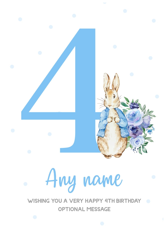 Cute 4th Birthday Card - Blue Bunny Rabbit - Age 4