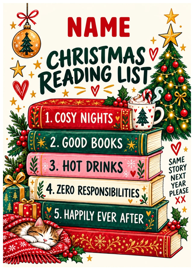 Personalised Book Lovers Christmas Card for Her or Him