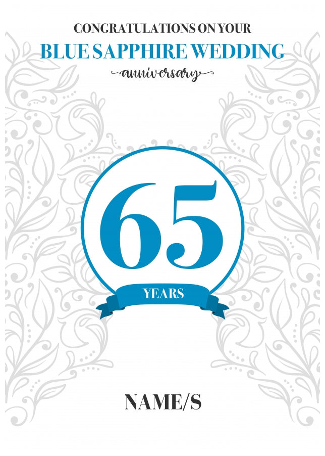 Husband 65th Blue Sapphire Wedding Anniversary Handmade Card Love Lines By White Cotton Cards Lla65h - View #3