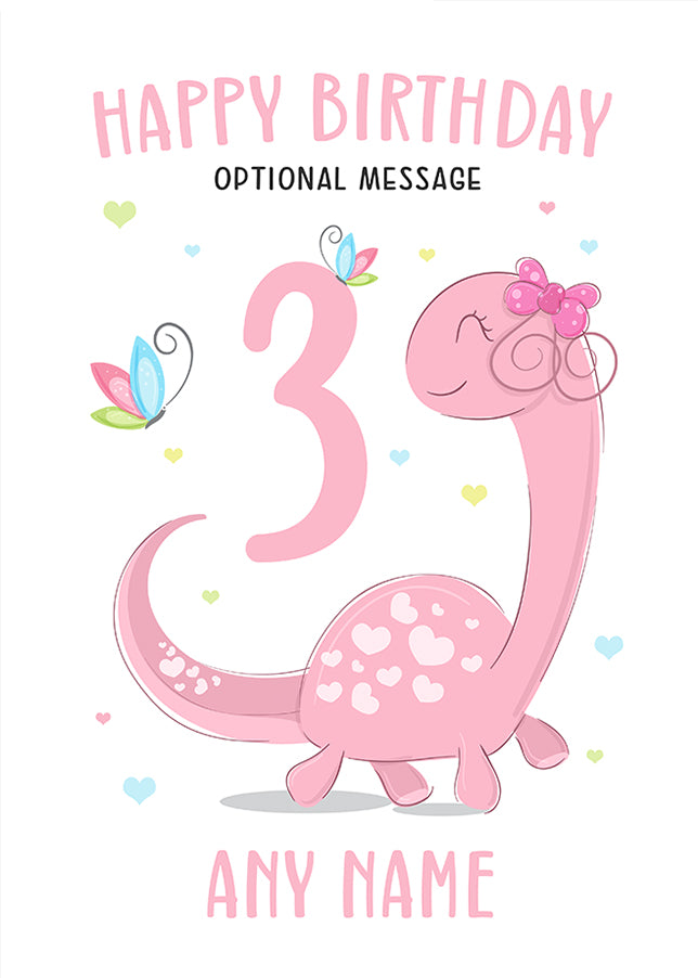 Pink Dinosaur 3rd Birthday Card for Girls