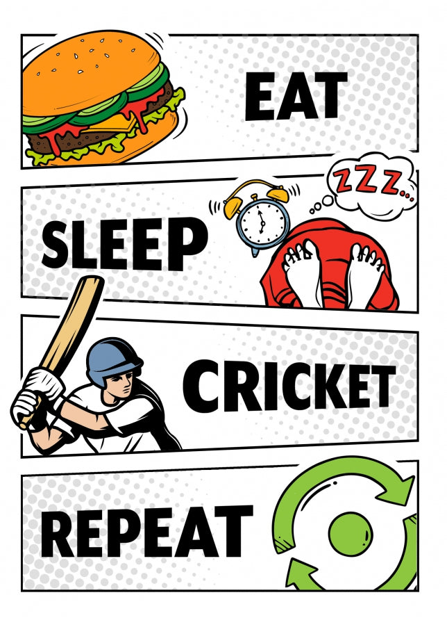 Cricket Birthday Card for Adult or Teenager - Eat Sleep Cricket Repeat Birthday Cards for Men