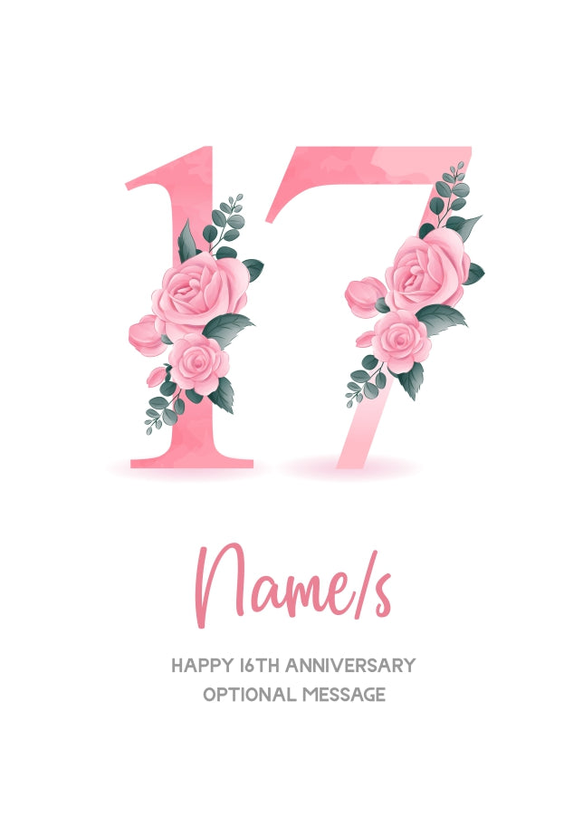 17th Anniversary Card for Wife Husband - Floral Number 17