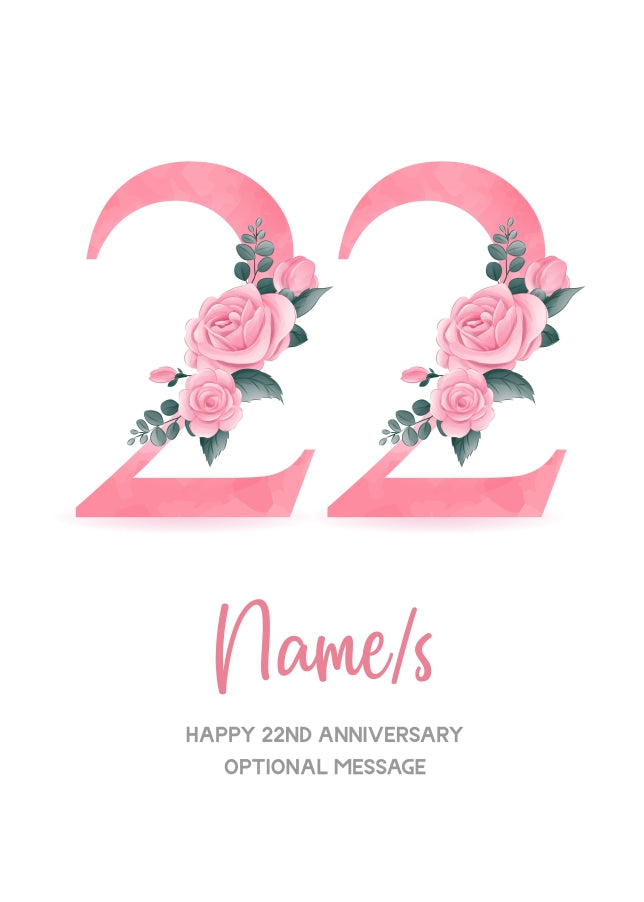 22nd Anniversary Card for Wife Husband - Floral Number 22