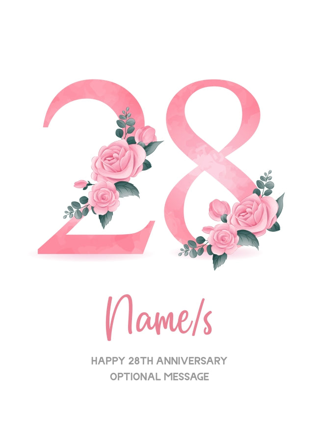 28th Anniversary Card for Wife Husband - Floral Number 28