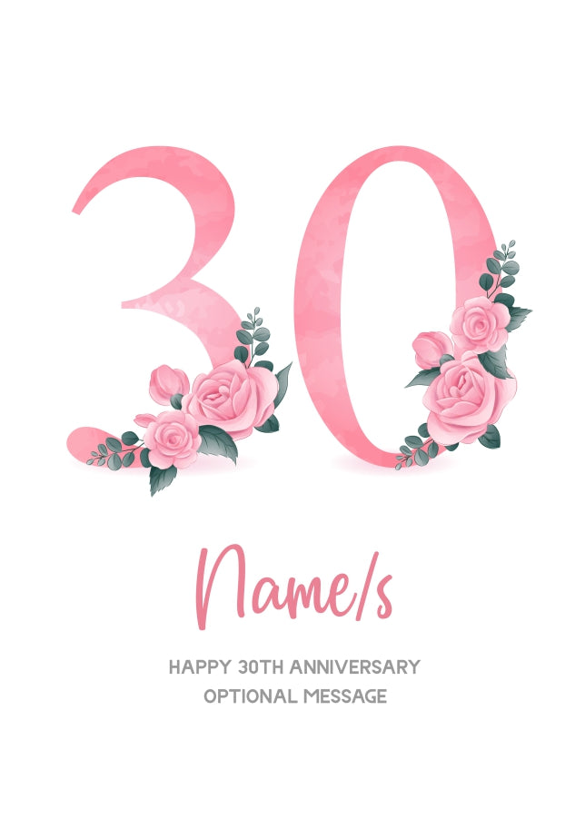 30th Anniversary Card for Wife Husband - Floral Number 30