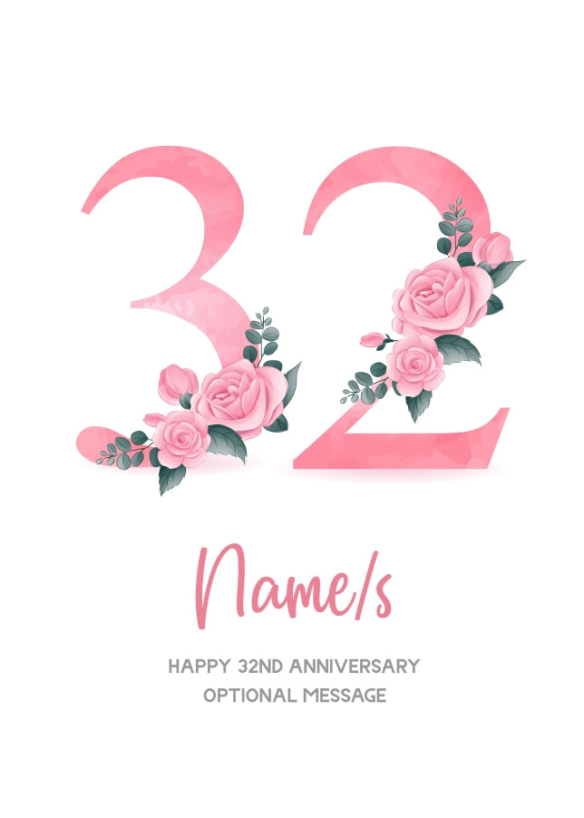 32nd Anniversary Card for Wife Husband - Floral Number 32