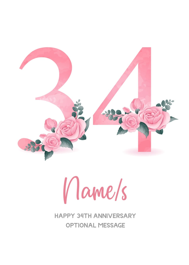 34th Anniversary Card for Wife Husband - Floral Number 34