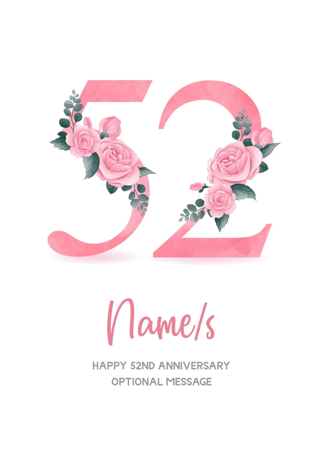52nd Anniversary Card for Wife Husband - Floral Number 52