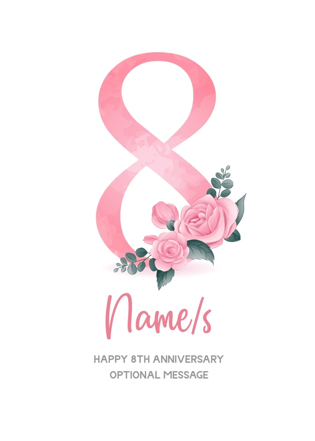 8th Anniversary Card for Wife Husband - Floral Number 8