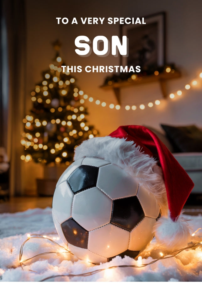 Football Christmas Card for Son - Football with Santa Hat