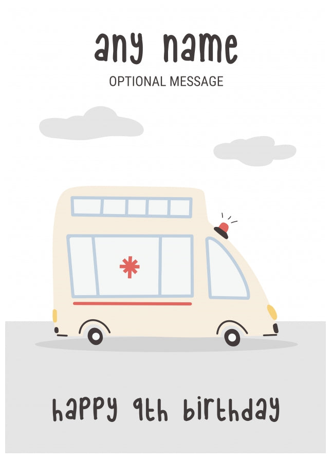 Fun Vehicles 9th Birthday Card for Any Name - Ambulance