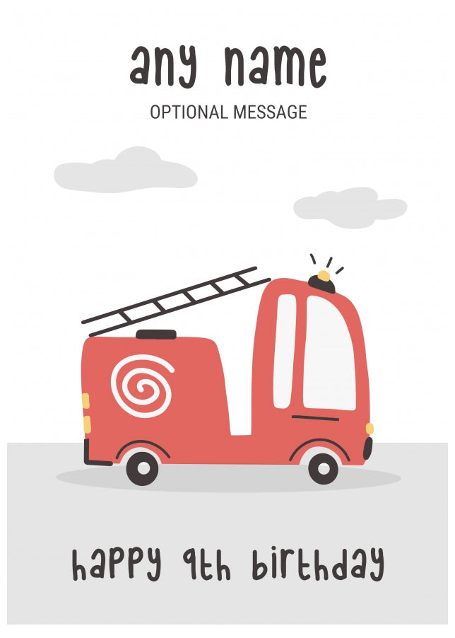 Fun Vehicles 9th Birthday Card for Any Name - Fire Engine