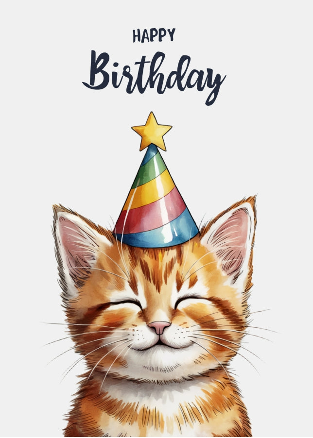 Cat Birthday Card for Her or Him - Happy Birthday Cute Ginger Tabby Cat