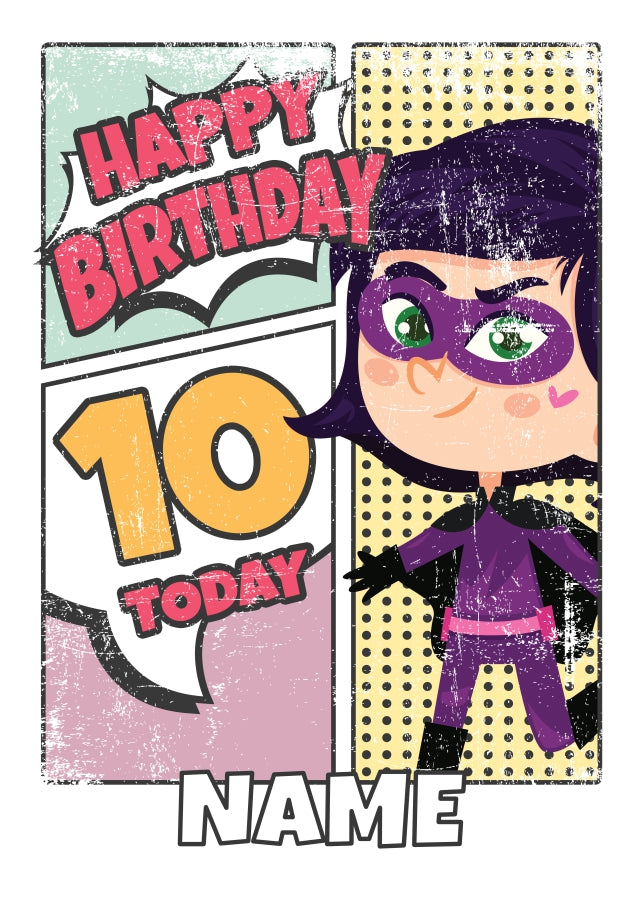 Superhero 10th Birthday Card for Girls (comic)