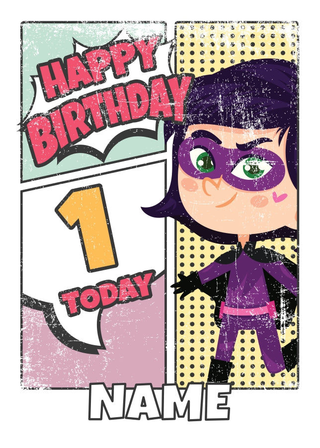 Superhero 1st Birthday Card for Girls (comic)