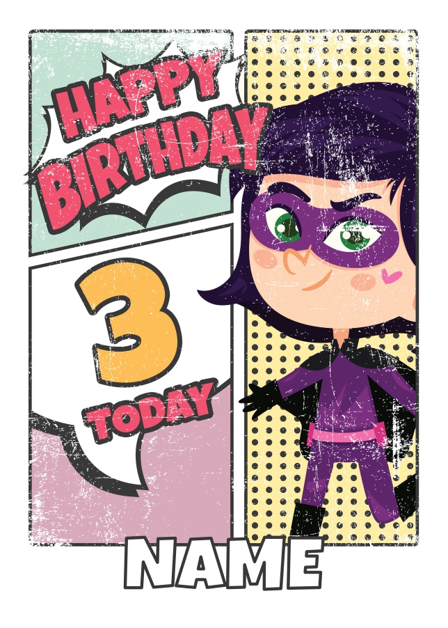 Superhero 3rd Birthday Card for Girls (comic)