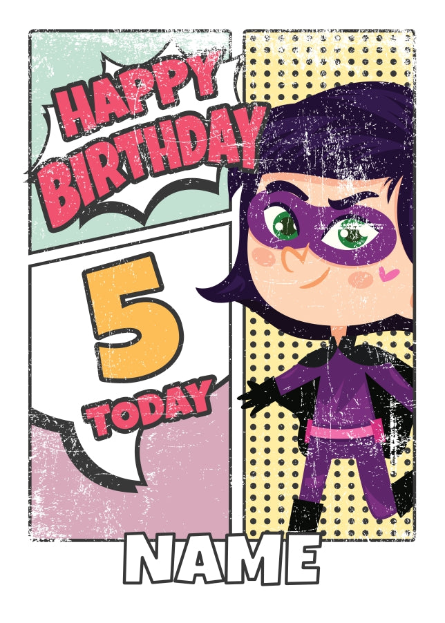 Superhero 5th Birthday Card for Girls (comic)