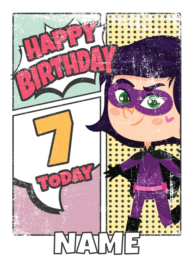 Superhero 7th Birthday Card for Girls (comic)