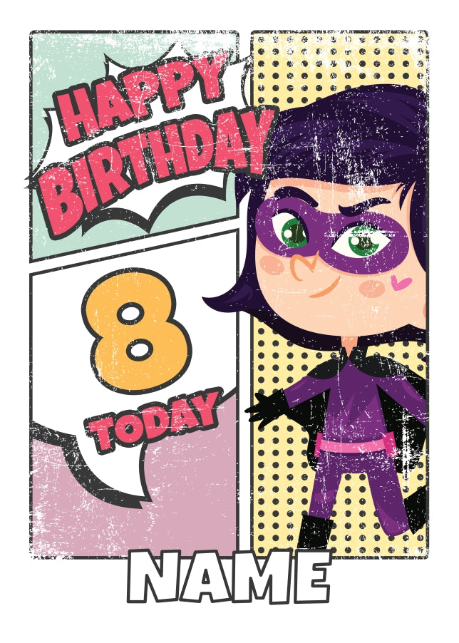 Superhero 8th Birthday Card for Girls (comic)