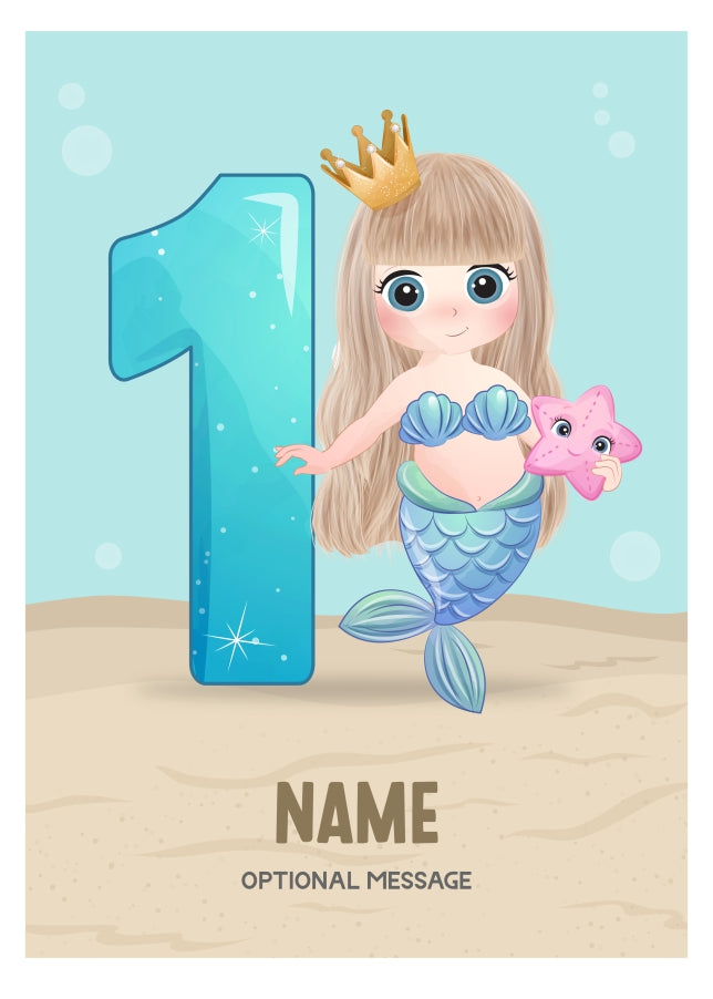 Girls 1st Birthday Card for Kids Age 1 Yrs - Mermaid