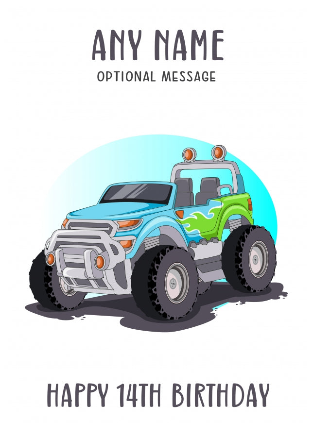 14th Birthday Card for Any Name - Summer Monster Truck