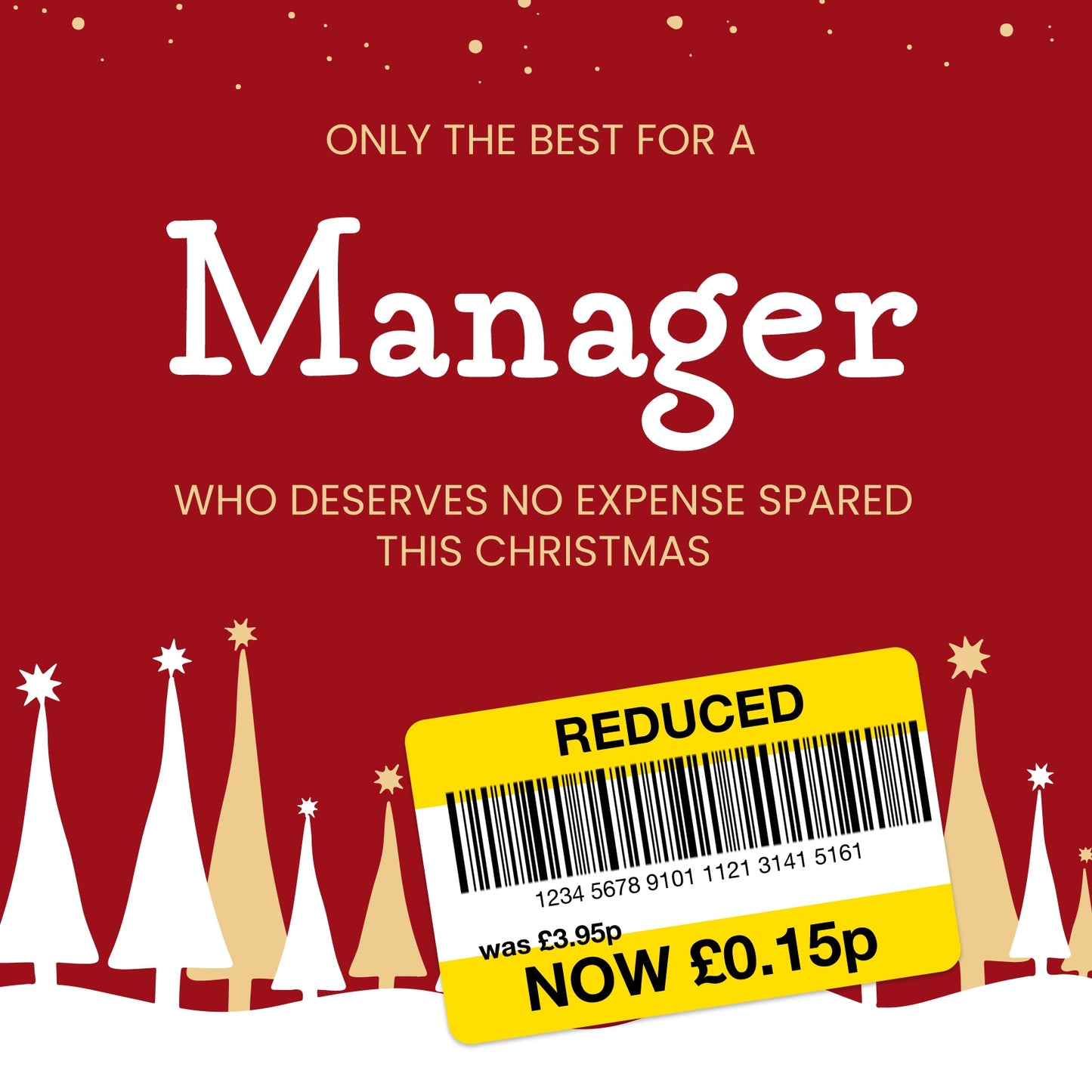 Funny Christmas Card for Manager - Reduced Sticker, Xmas Tree Scene