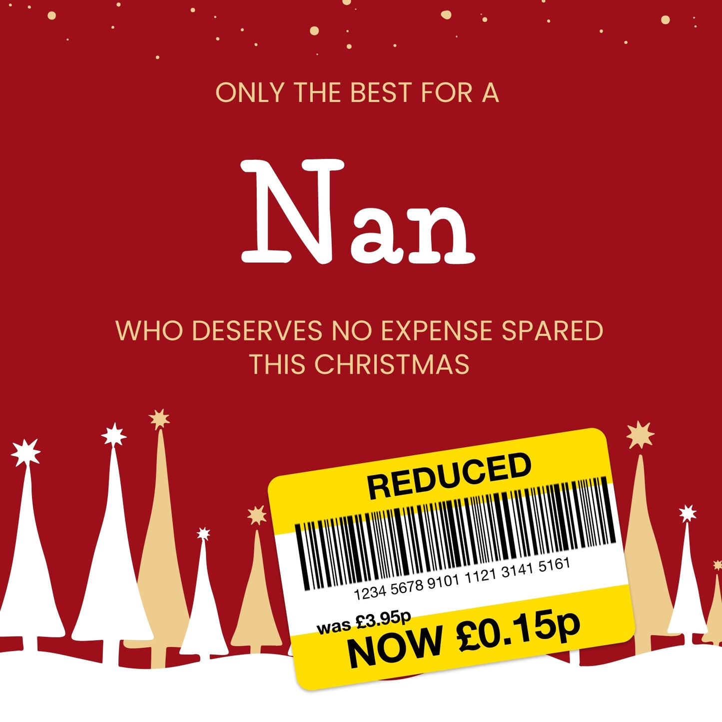 Funny Christmas Card for Nan - Reduced Sticker, Xmas Tree Scene
