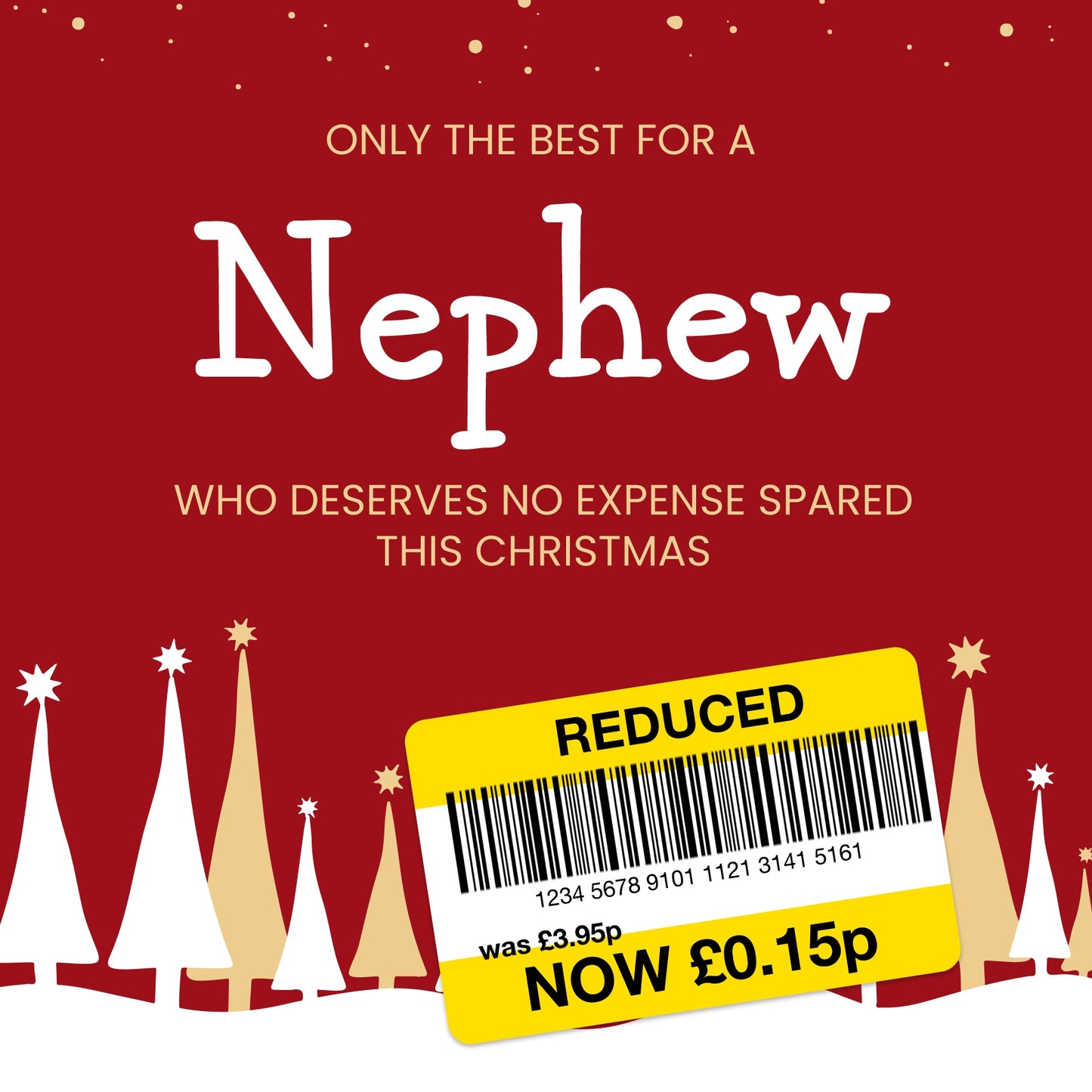 Funny Christmas Card for Nephew - Reduced Sticker, Xmas Tree Scene