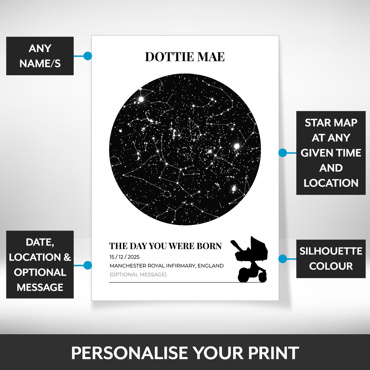 What can be personalised on this personalised new baby gifts