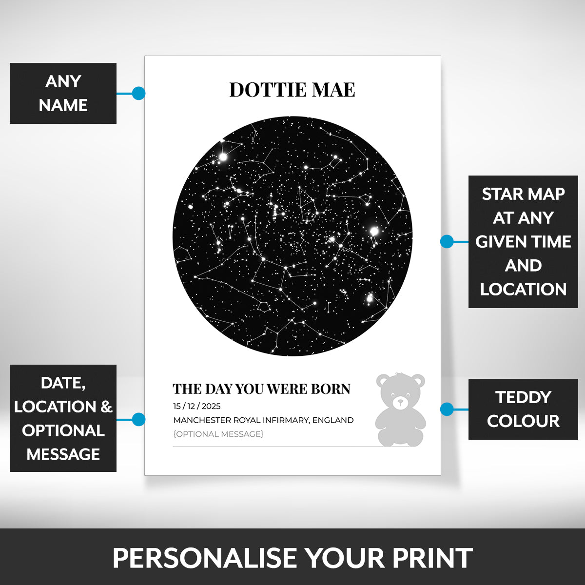 What can be personalised on this personalised new baby gifts