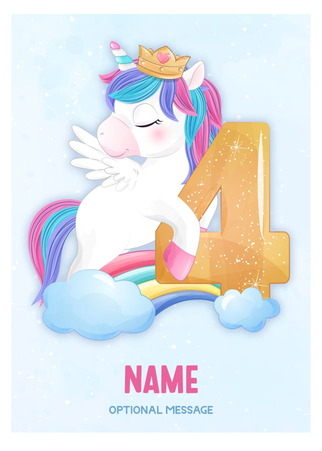 Girls 4th Birthday Card for Kids Age 4 Yrs - Unicorn