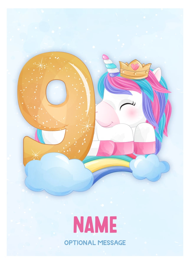 Girls 9th Birthday Card for Kids Age 9 Yrs - Unicorn