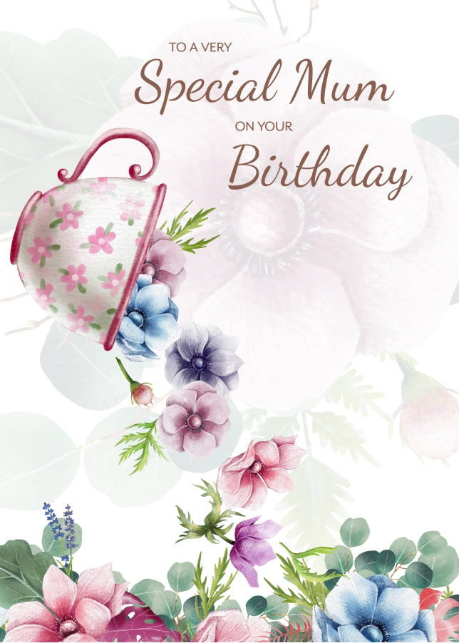 Traditional Mum Birthday Card for Mother Female Adult - Floral Tea Cup