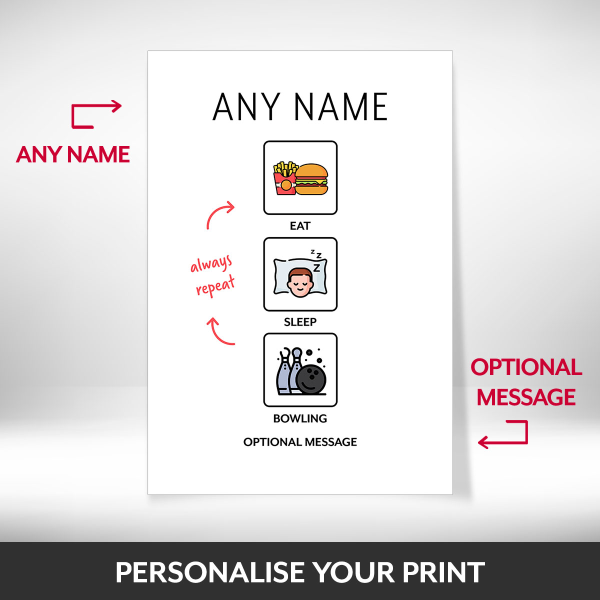 What can be personalised on this eat sleep bowling repeat