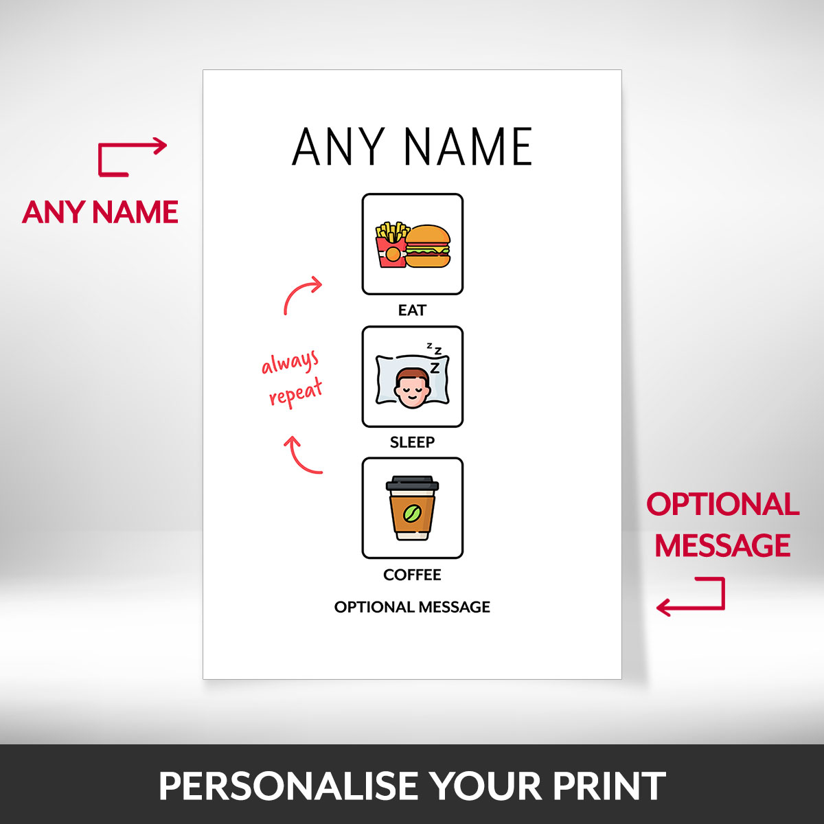 What can be personalised on this eat sleep coffee repeat