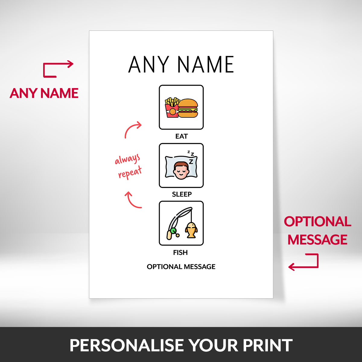 What can be personalised on this eat sleep fish repeat