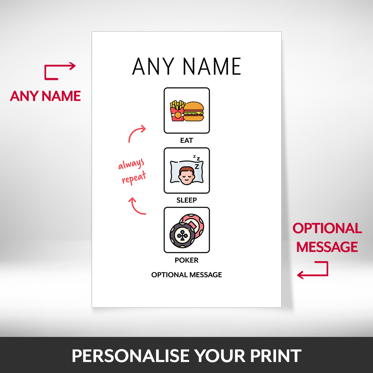 What can be personalised on this eat sleep poker repeat