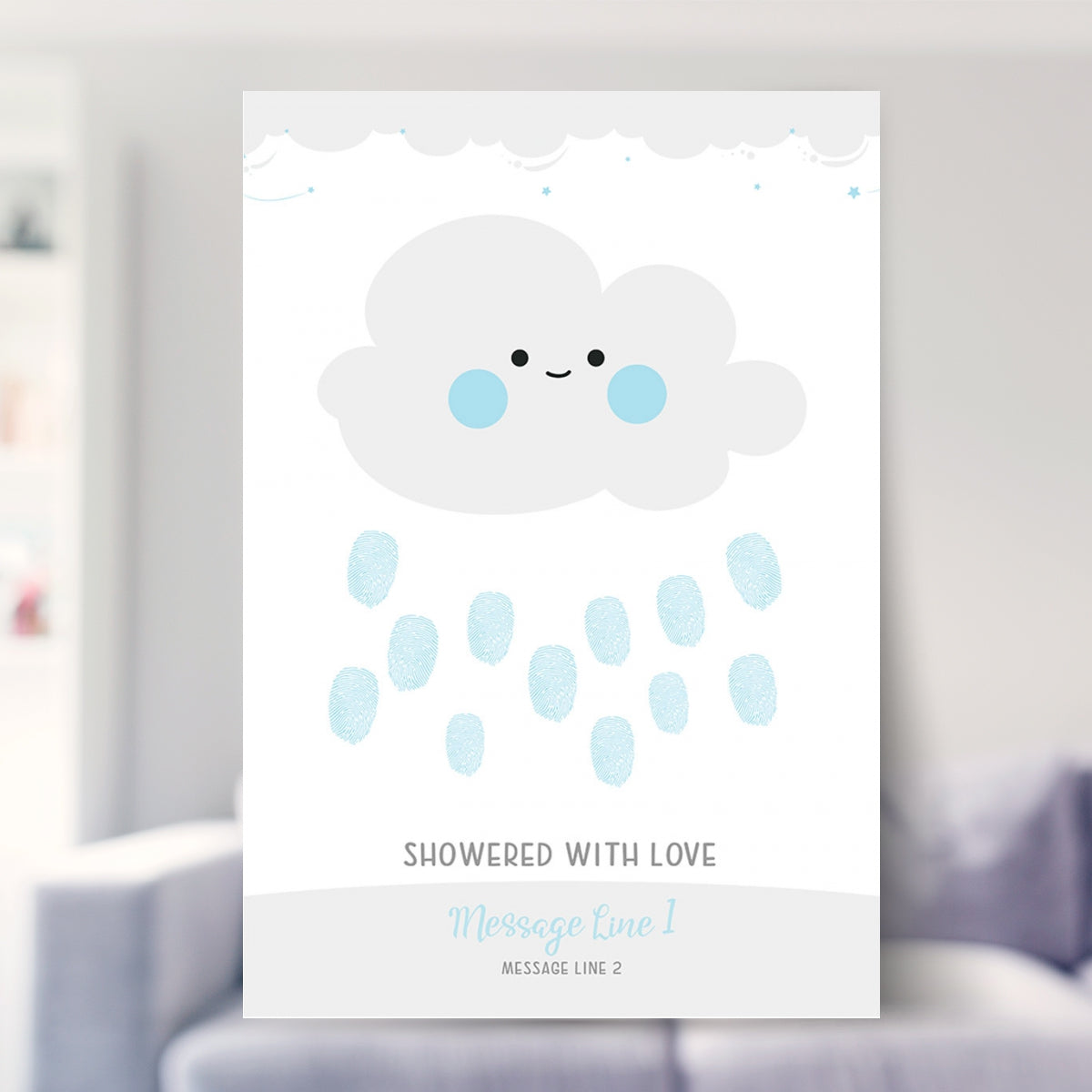 christening gifts shown in a living room