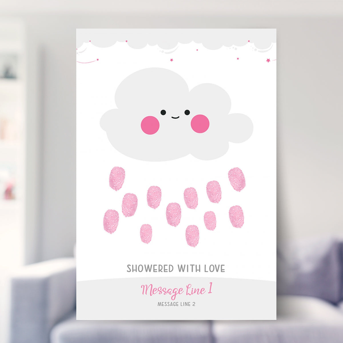 christening gifts shown in a living room