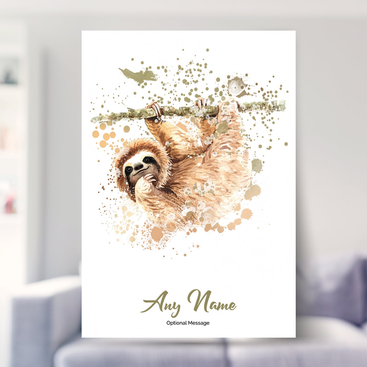 Sloth birthday gift shown in a living room