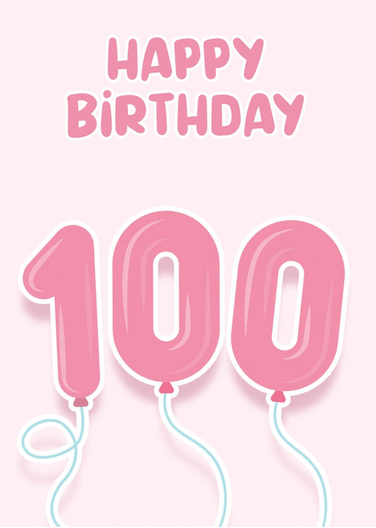 100th Birthday Cards for Her - Pink Balloons for 100 Year Old Female