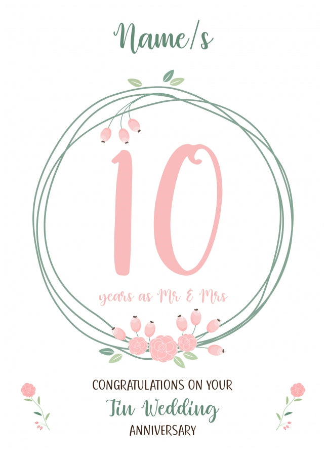 Couples 10th Wedding Anniversary Card - Tenth / Tin - Floral