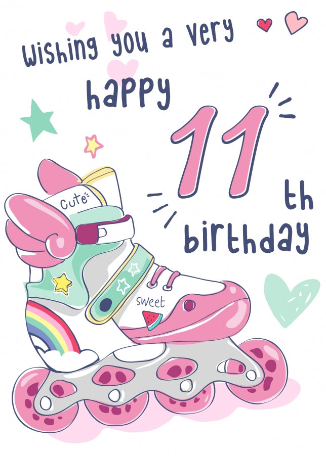 Rollerblades 11th Birthday Card for Girls - Pretty Pink Card for 11 Year Old Girl